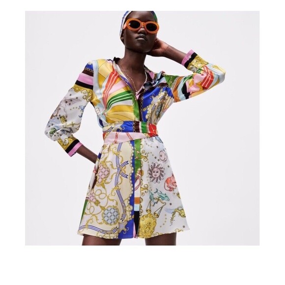 NWT Zara Women Short Printed Mini SCARF Dress SIZE M No Belt - Picture 2 of 7